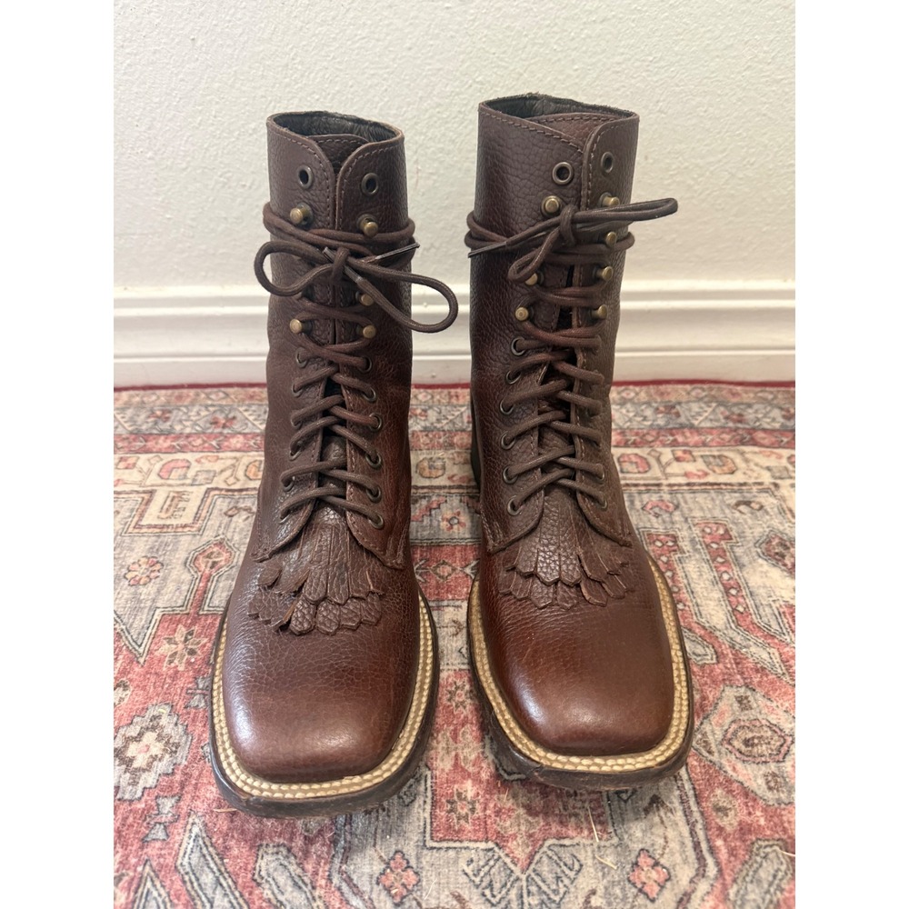 Caborca Dark Brown Pebble Leather Lace Up Kiltie Boots Square Toe 5.5M 28336803